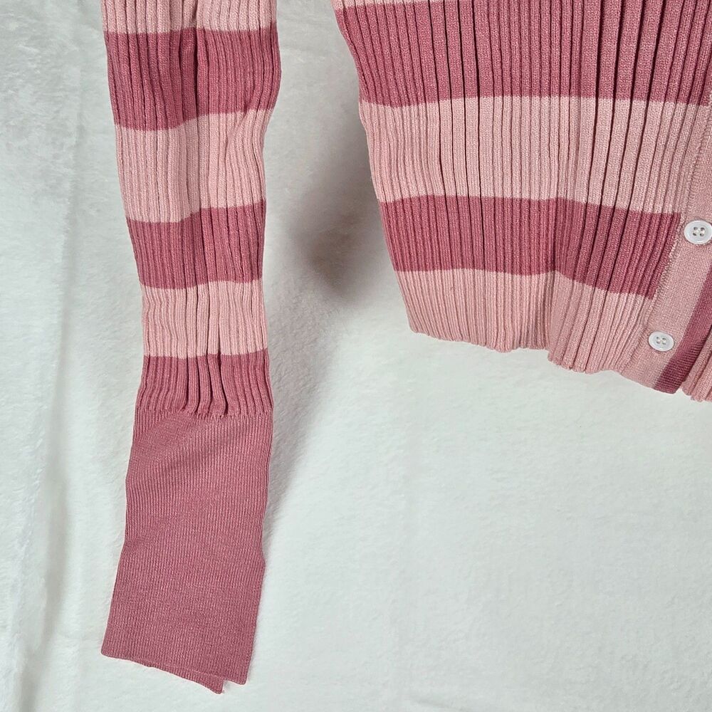 Striped Cropped Cardigan Women Large Pink Maroon Ribbed Knit V-Neck Sweater Top - Picture 3 of 7